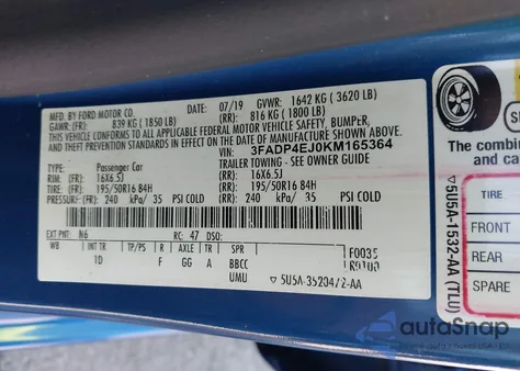 2019 Ford Fiesta Se z USA, uszkodzony, nr VIN 3FADP4EJ0KM165364